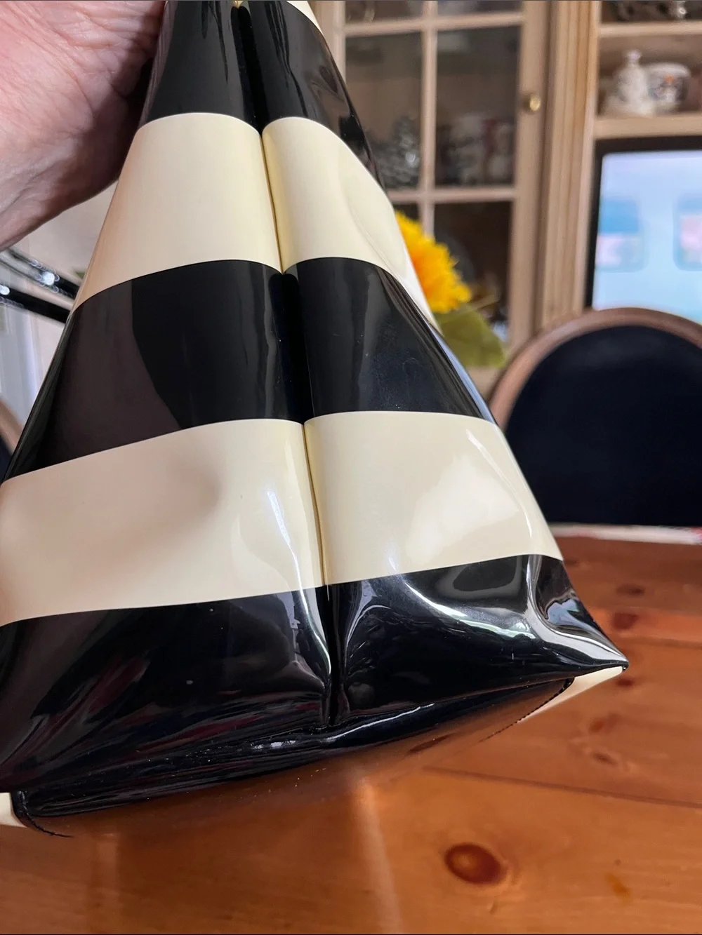 kate spade Black and Cream Striped Patent Tote Bag